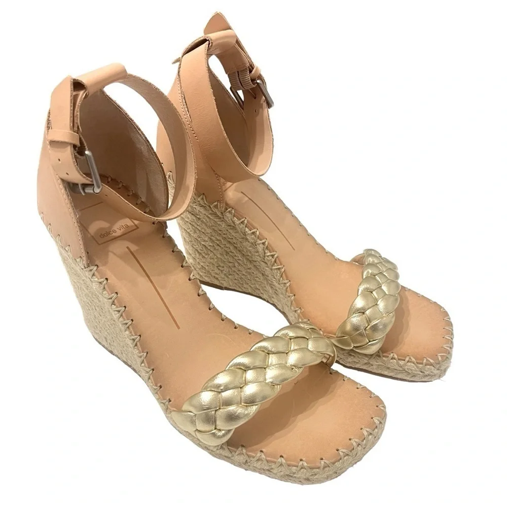 New Dolce Vita Nilton Wedges Size 9 Espadrilles Gold Leather Braided Ankle Strap